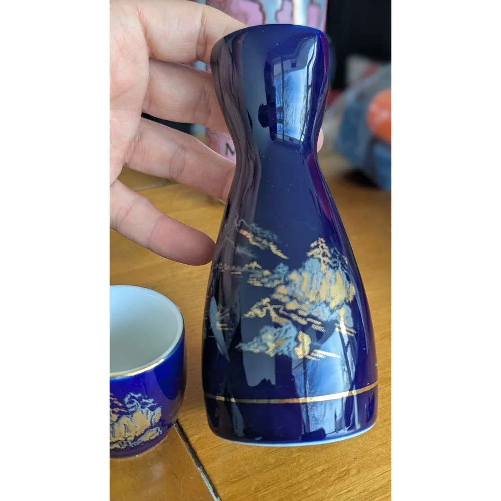 Vintage Japanese Sake Set‎ Cobalt Blue Gold Landscape Porcelain Carafe 2 Cups
